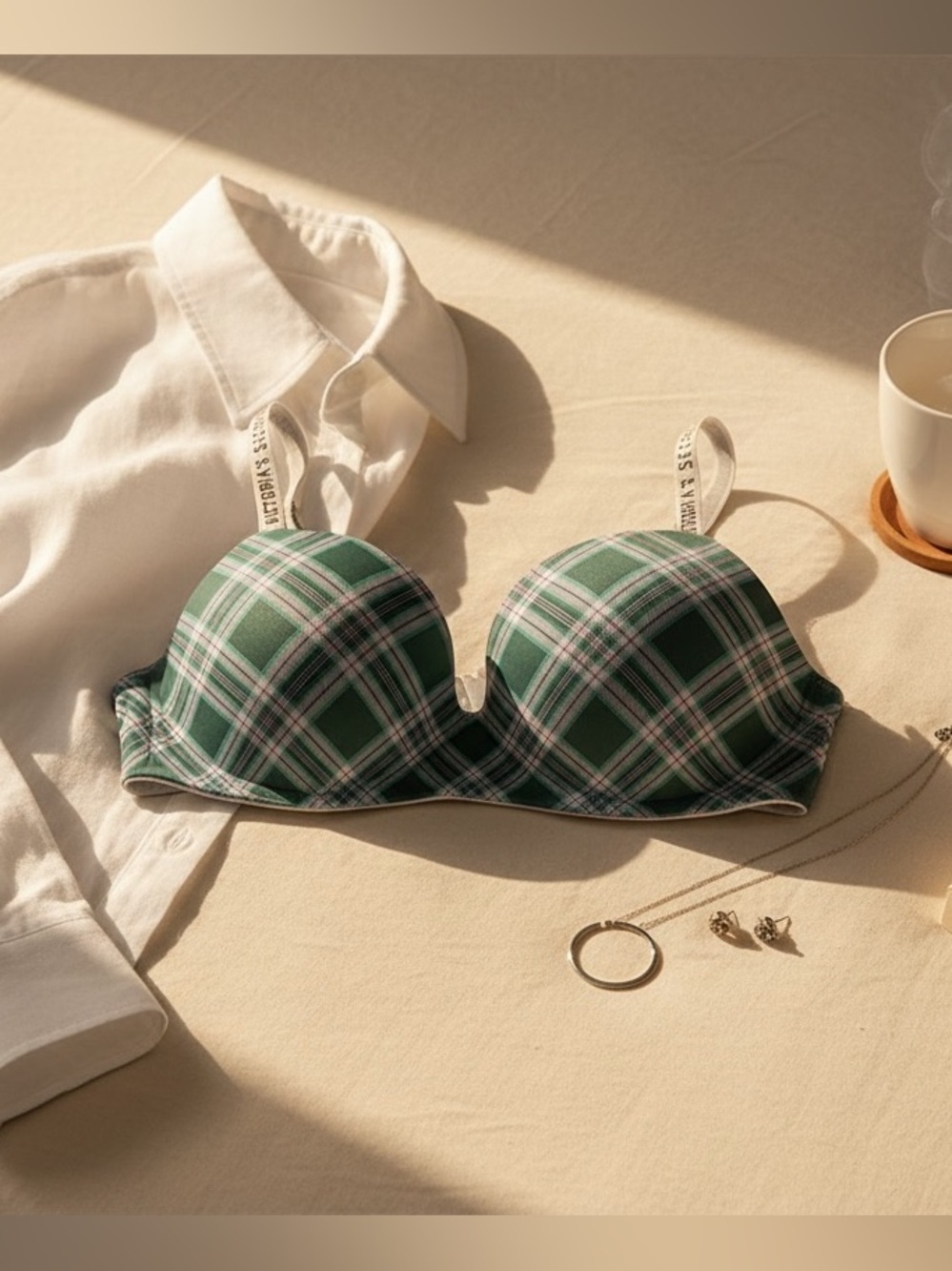 Victoria's‎ Secret T-Shirt Lightly Lined Wireless Bra Size 40D Green Pink Plaid